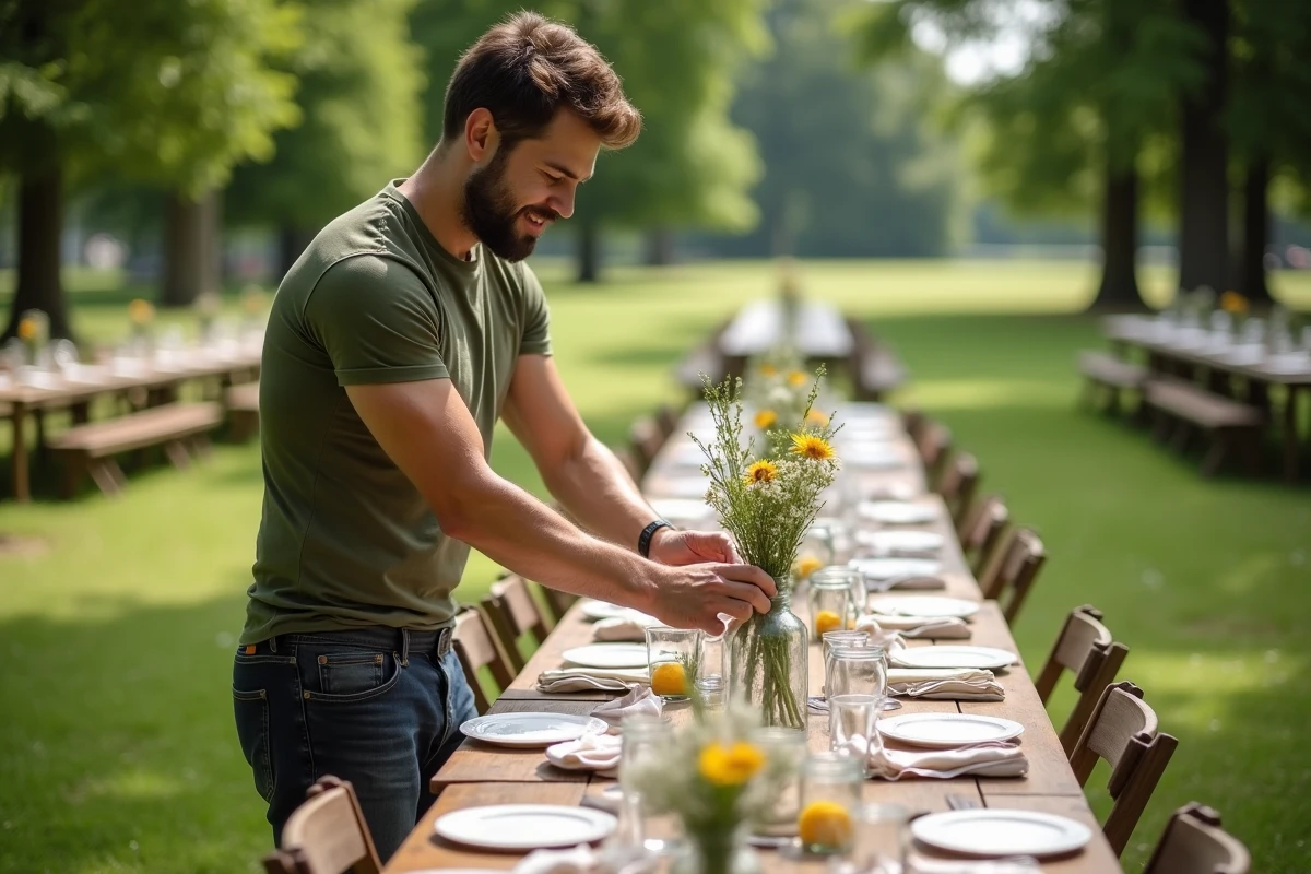 Homme décorant une table en plein air avec des matériaux recyclés pour un événement organisé sans budget