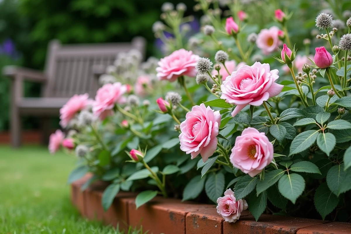 Détail de massif de jardin de curé avec rosiers anciens, bourrache et épiaire laineuse le long d'une bordure en terre cuite