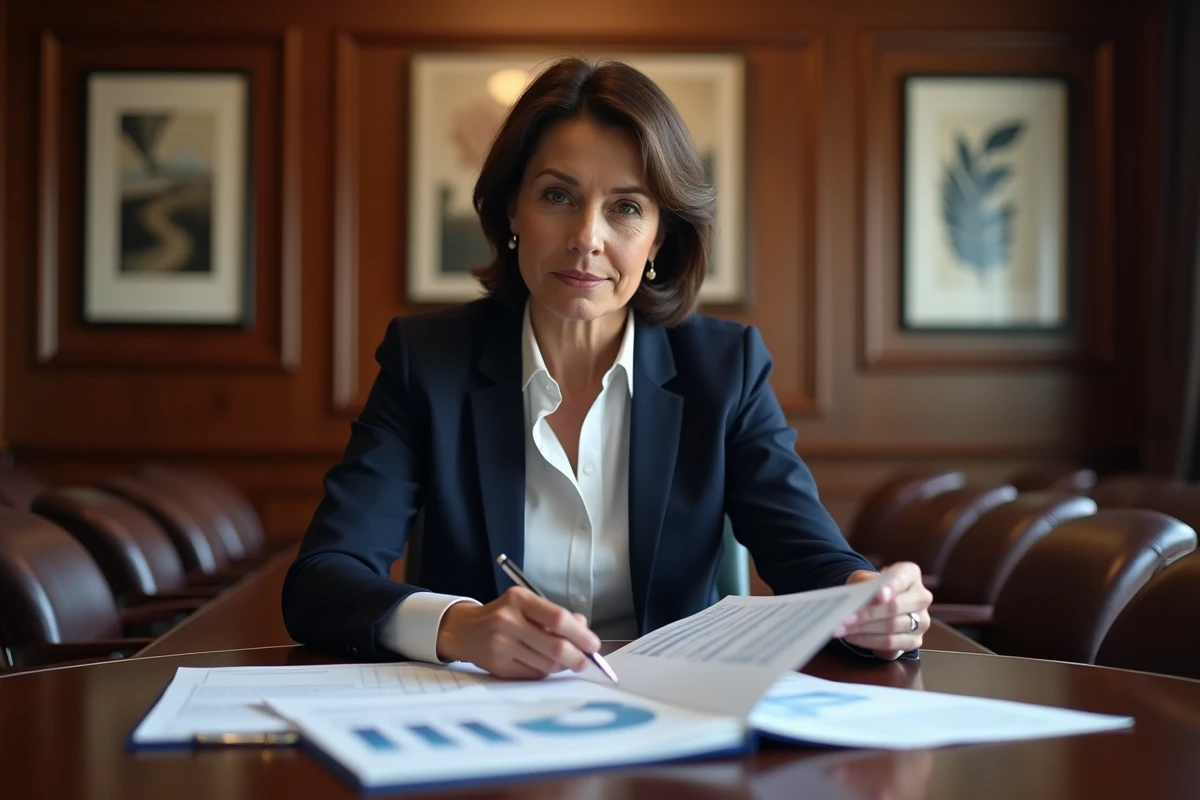 Directrice d'un grand fonds d'investissement analysant des rapports de gestion d'actifs en salle de conseil