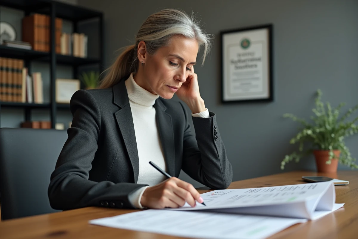 Dirigeante d'entreprise analysant un rapport de gouvernance ESG à son bureau, illustrant le pilier social et gouvernance