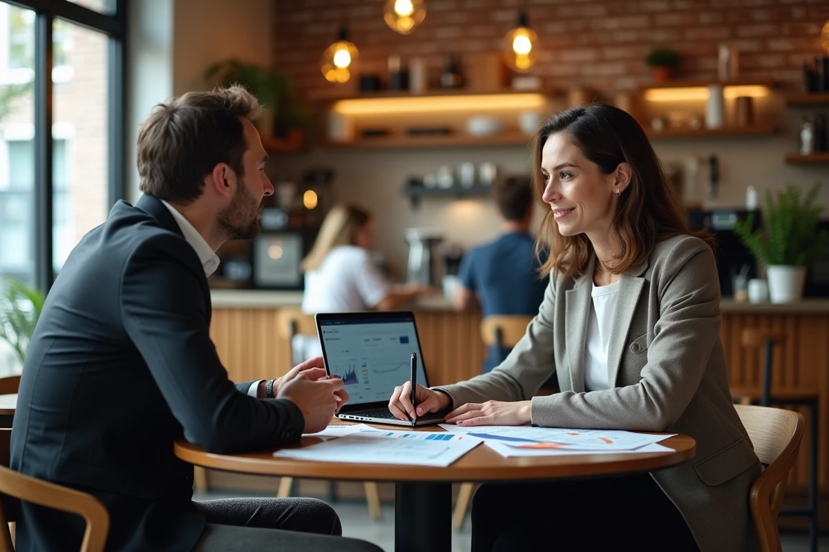 Deux professionnels de la finance discutant des meilleures actions fintech autour de rapports boursiers dans un café