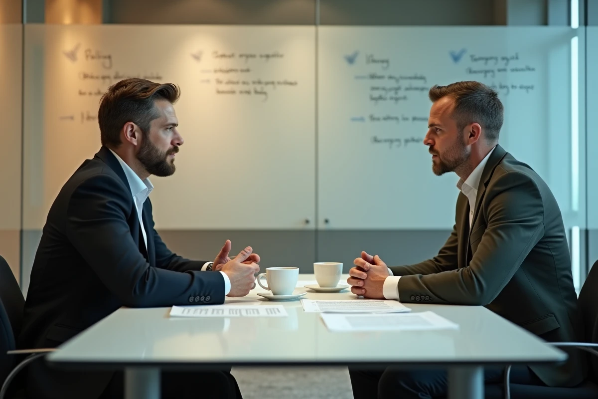 Deux professionnels de la finance discutant des différences entre politiques monétaires conventionnelles et non conventionnelles en salle de réunion
