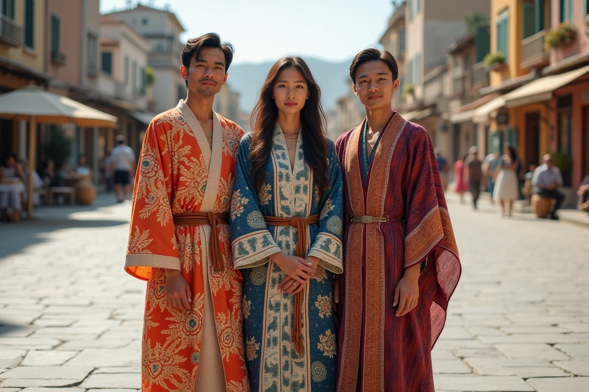 Groupe de personnes en tenues traditionnelles de différentes cultures réunies dans un espace urbain, symbolisant la diversité vestimentaire mondiale