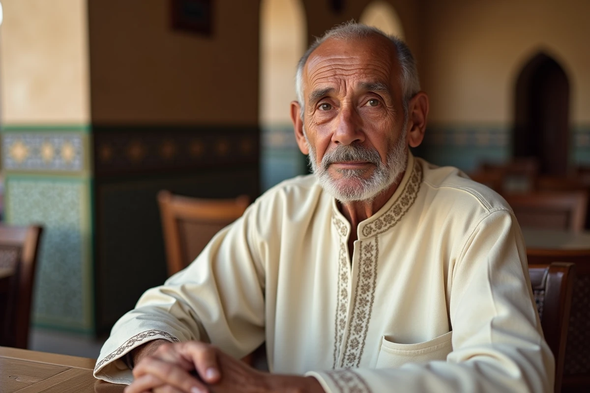 Homme âgé en djellaba marocaine traditionnelle assis dans un riad, évoquant la transmission de l'identité culturelle à travers le vêtement