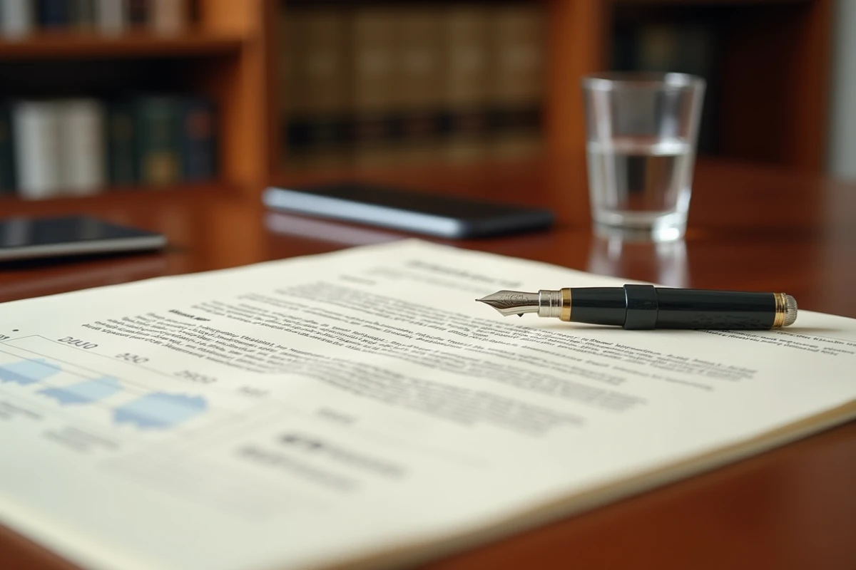 Document de politique monétaire annoté avec graphique de taux d'intérêt sur bureau en bois
