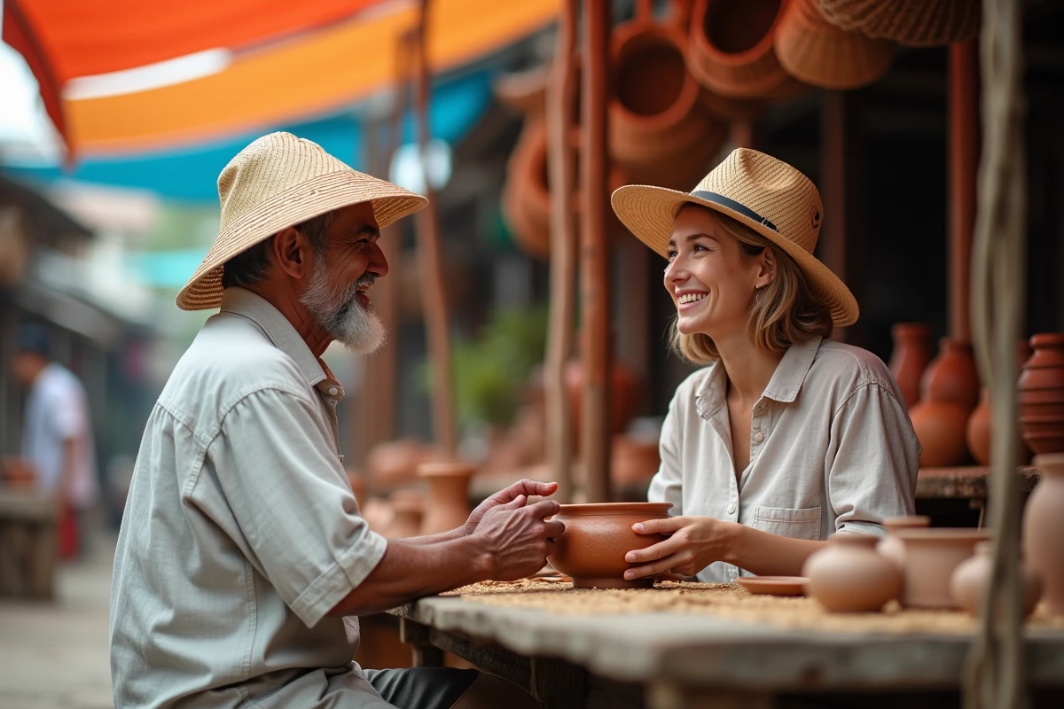 Voyageuse échangeant avec un artisan local sur un marché artisanal en Asie du Sud-Est