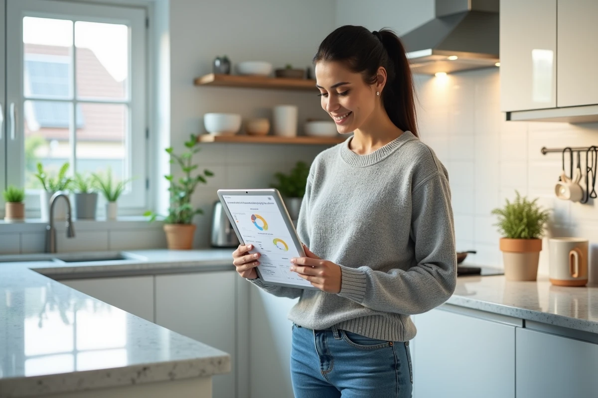 Femme consultant sa facture d'électricité réduite grâce aux panneaux solaires dans sa cuisine moderne