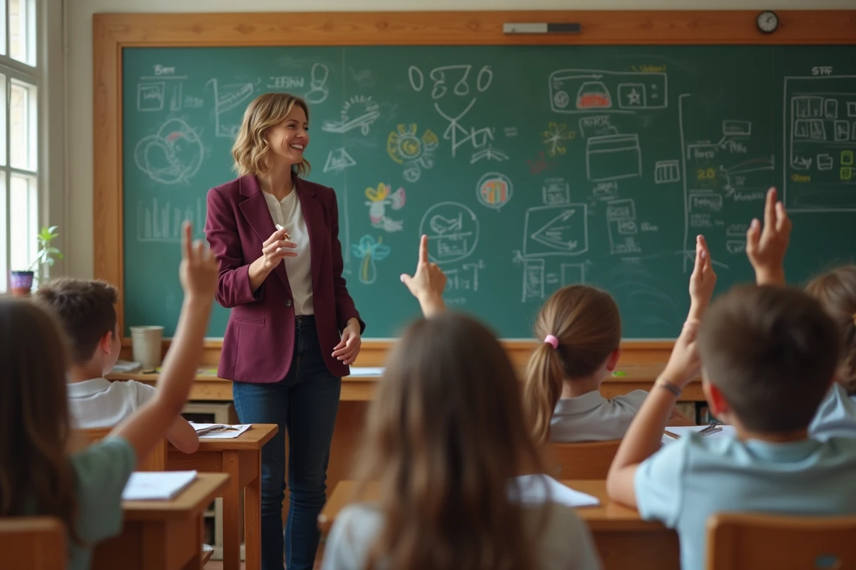Enseignante devant un tableau de classe interagissant avec ses élèves, métier éducatif essentiel face à l'IA