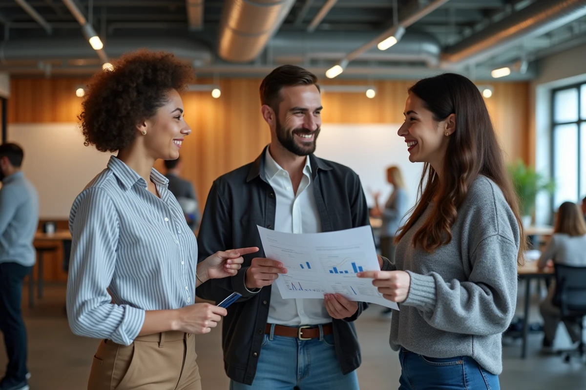 Groupe de trois professionnels collaborant dans un open space, illustrant les qualités interpersonnelles favorisant la promotion au travail