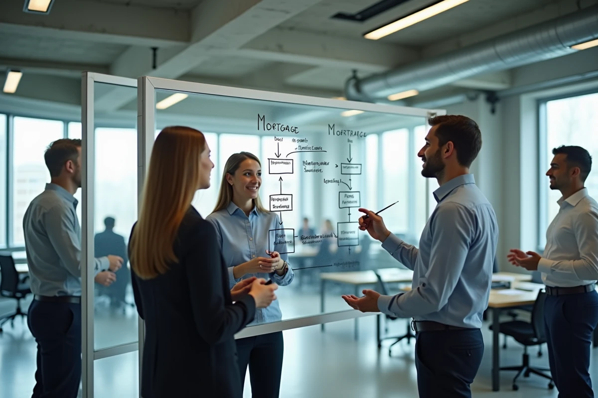 Équipe de professionnels de la finance discutant des différences entre deux structures de titrisation hypothécaire sur un tableau blanc dans un bureau moderne.