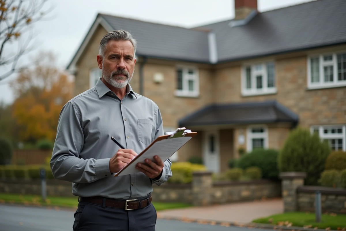 Expert immobilier réalisant une estimation d'une maison en pierre devant la propriété