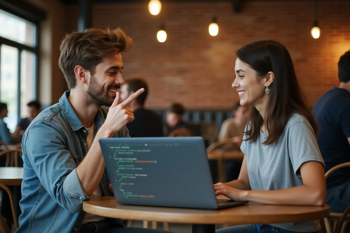 Deux étudiants discutant de mathématiques et de programmation dans un café, explorant les prérequis pour une carrière en cybersécurité