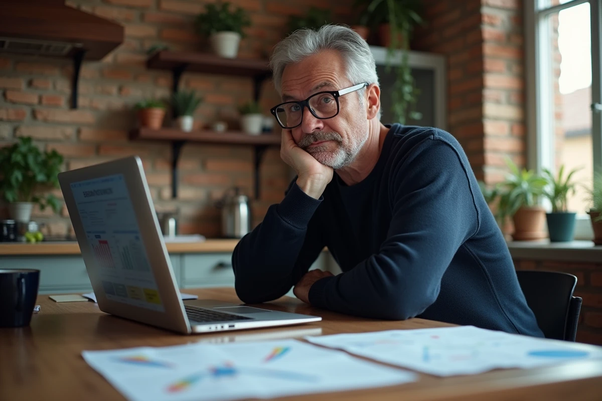 Homme expert étudiant des benchmarks d'intelligence artificielle sur des documents imprimés et un ordinateur portable à domicile
