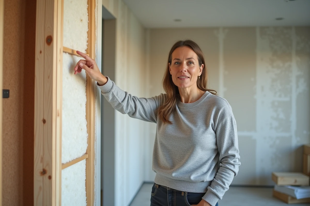 Femme experte présentant une coupe transversale d'isolant thermique en laine minérale installé dans un mur intérieur en rénovation