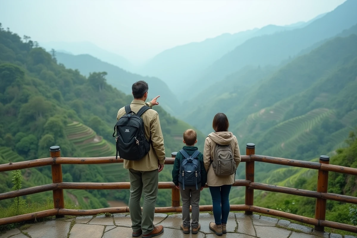 Famille de touristes admirant un panorama de rizières en terrasses et montagnes depuis un belvédère en bois