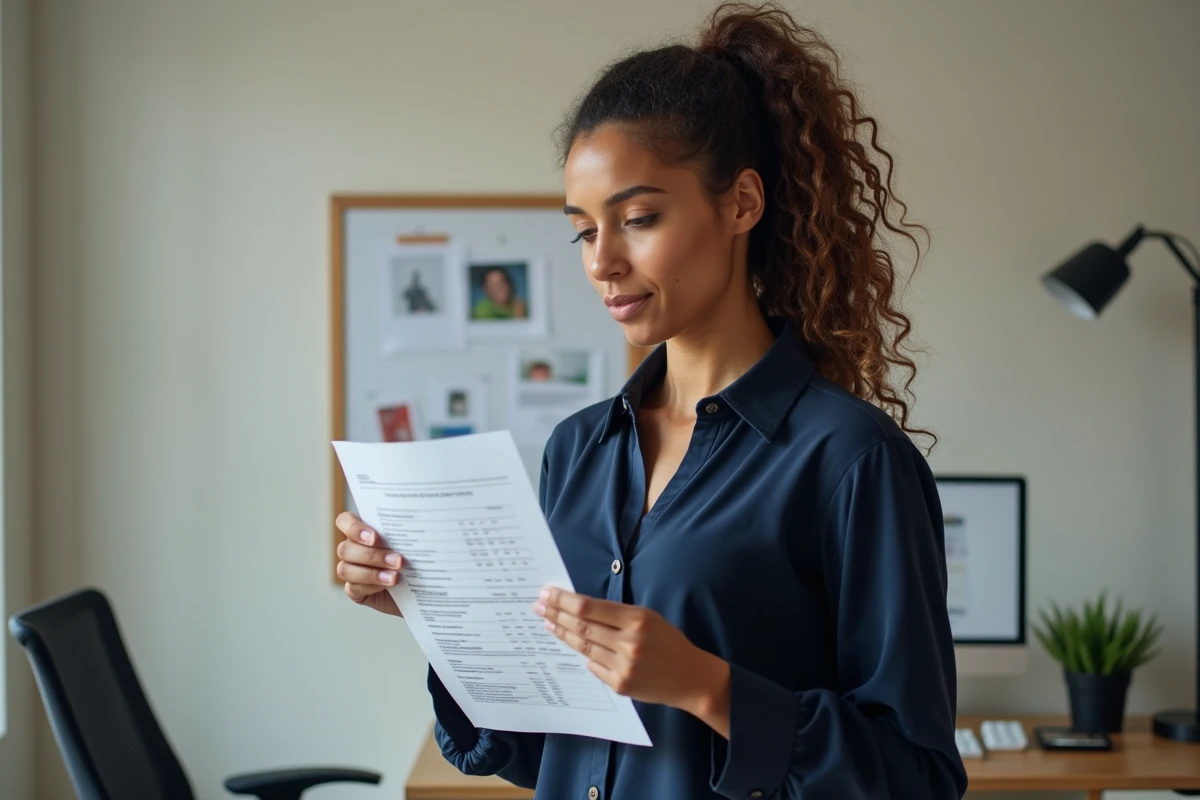 Femme debout dans son bureau à domicile tenant un bulletin de salaire illustrant les indemnités de télétravail