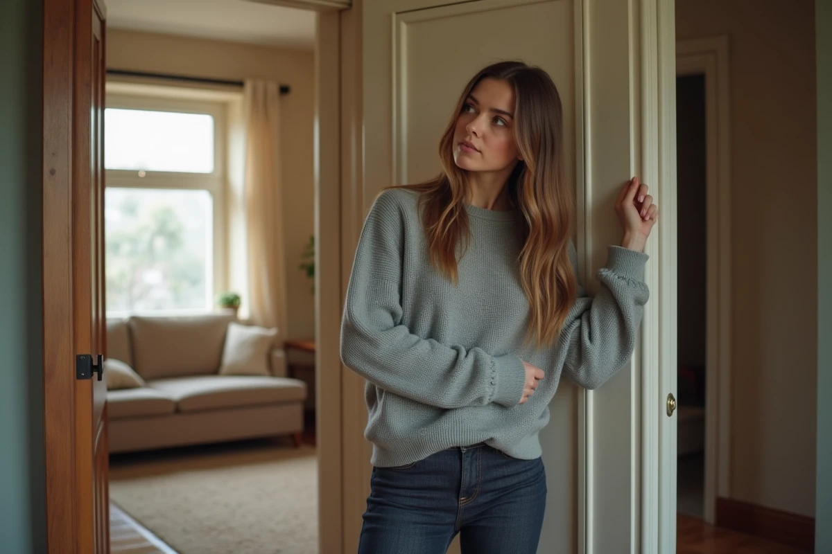 Femme réfléchissant debout dans l'embrasure d'une porte entre un appartement meublé et un appartement vide
