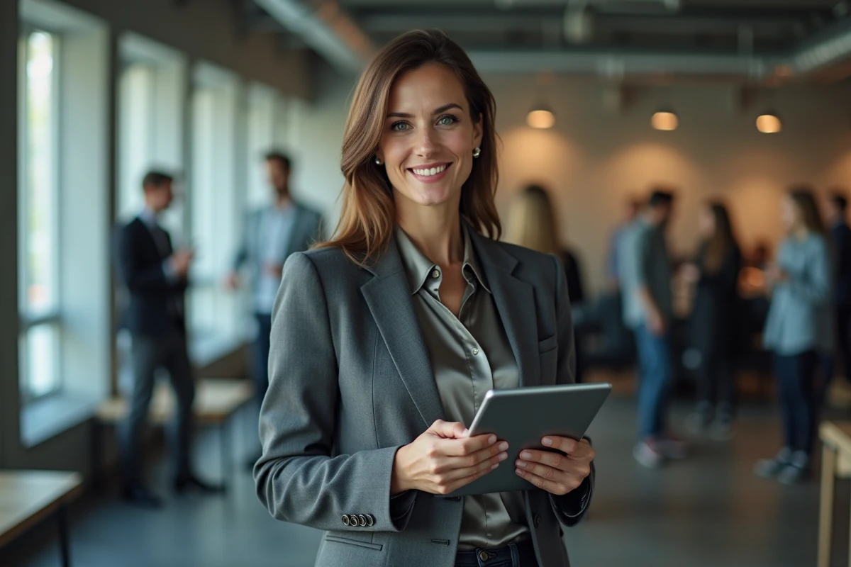 Femme dirigeante en blazer charbon tenant une tablette avec des graphiques financiers dans un espace de coworking contemporain
