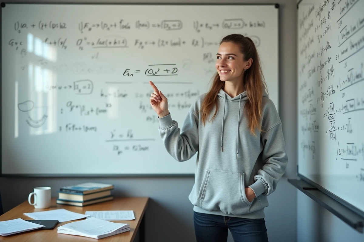 Jeune femme traçant des équations de mécanique quantique sur un tableau blanc, représentant la probabilité de traverser un mur selon la physique quantique