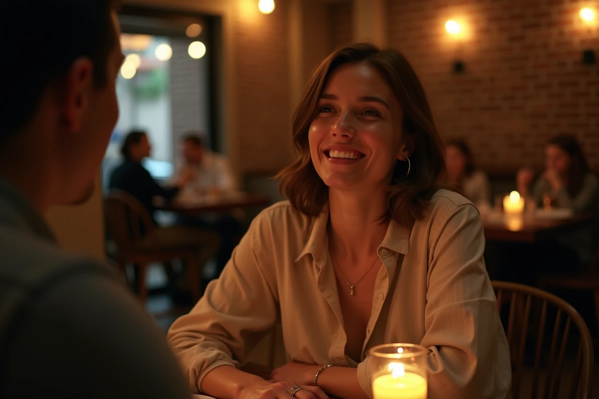 Femme riant aux éclats face à un homme dans un restaurant intime et chaleureux