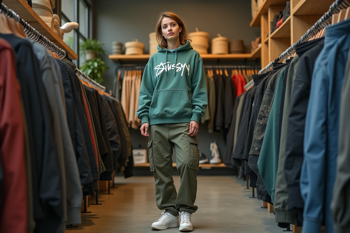 Femme portant un hoodie Stussy dans une boutique de streetwear indépendante aux étagères en bois brut