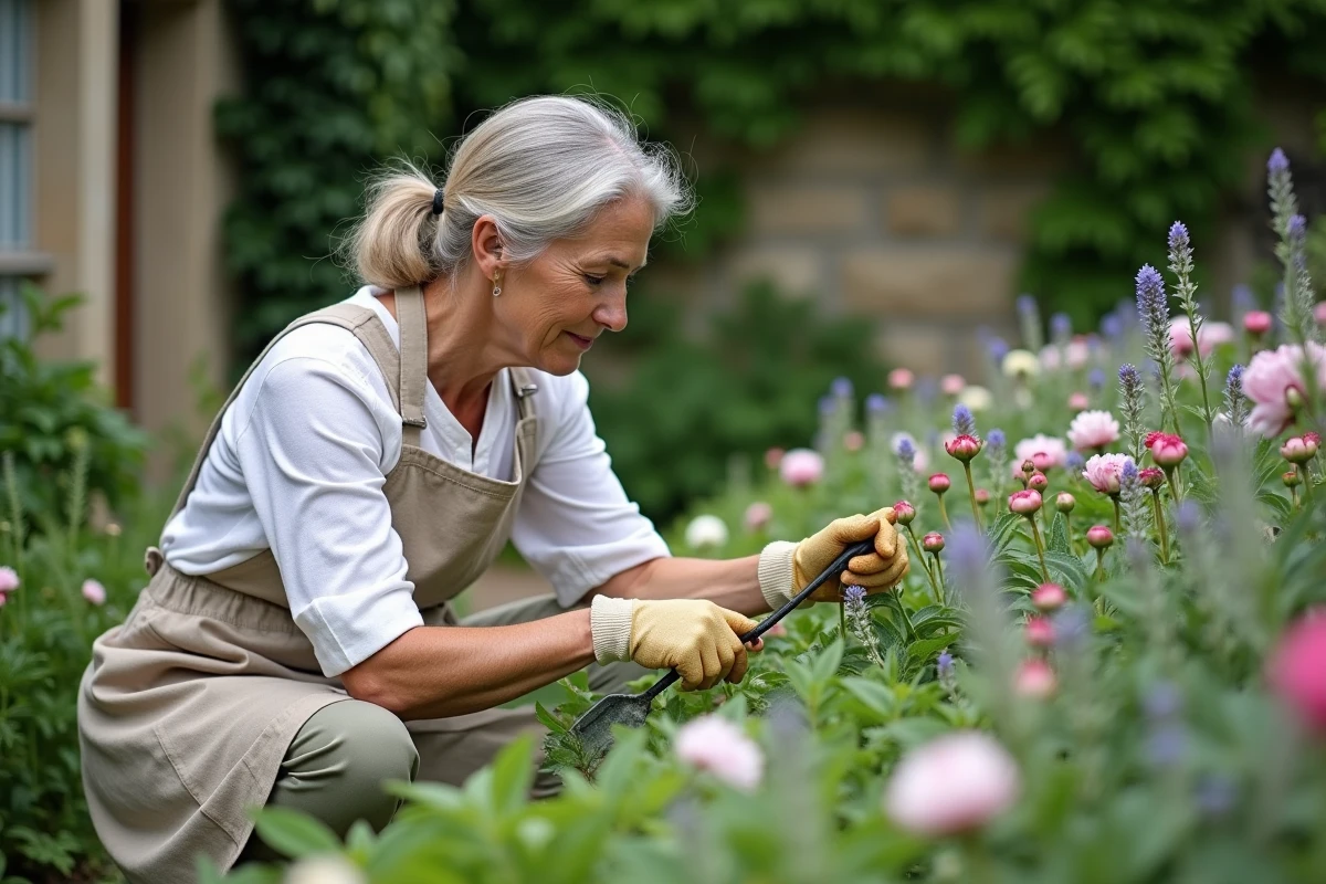 Femme jardinant dans un jardin de curé fleuri avec pivoines et sauge, mur en pierre recouvert de lierre en arrière-plan