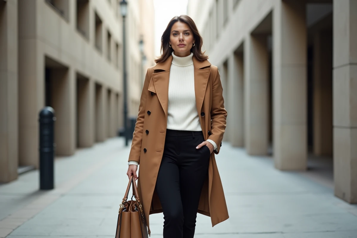 Femme minimaliste élégante marchant dans une rue urbaine épurée avec un manteau camel et un sac en cuir sobre