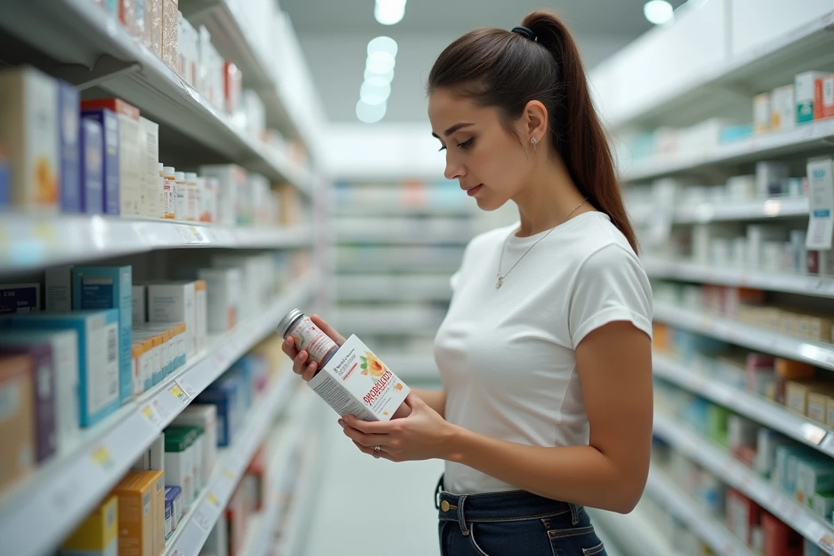 Jeune femme en pharmacie choisissant des probiotiques en gélules pour reconstituer sa flore intestinale