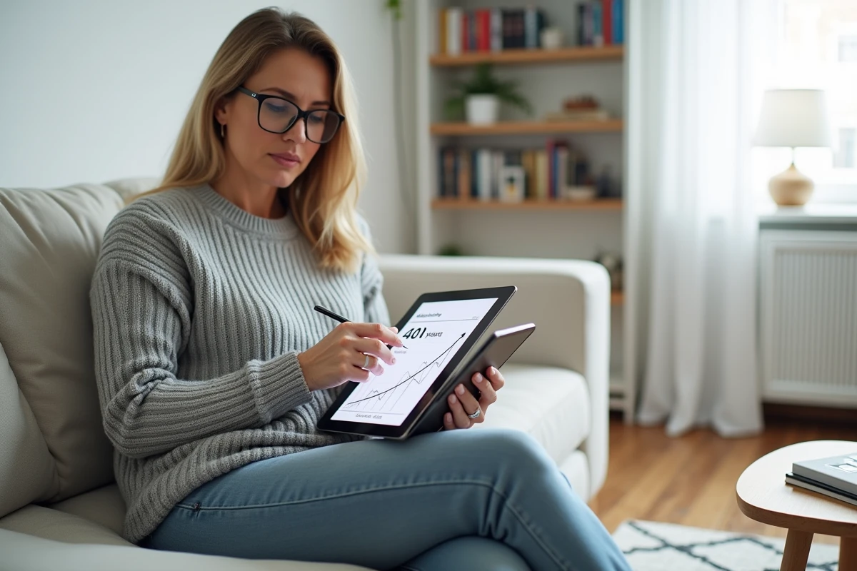 Femme dans la quarantaine consultant une projection d'épargne retraite sur une tablette, assise dans un salon au style scandinave