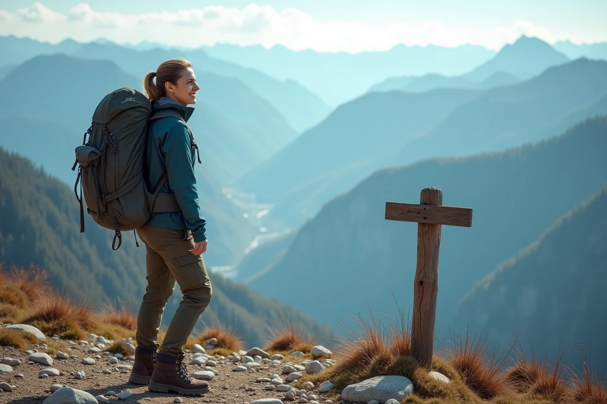 Femme randonneuse seule au sommet d'un belvédère montagneux avec sac à dos, illustrant le voyage en solo féminin en nature
