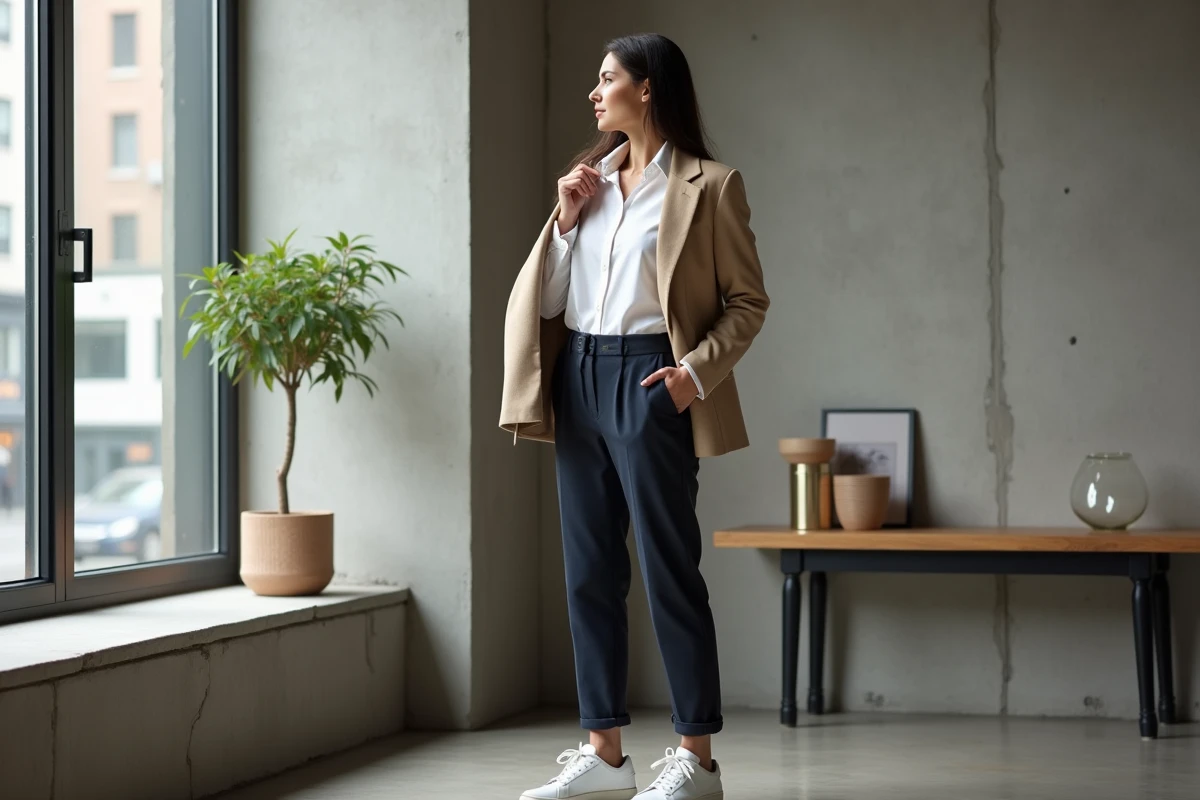 Femme élégante portant une tenue capsule minimaliste dans un appartement moderne avec vue urbaine