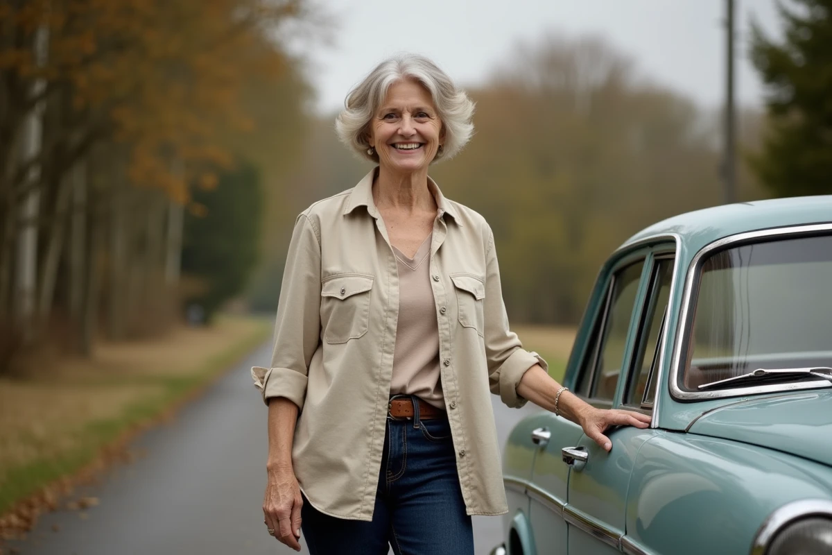 Femme âgée posant fièrement à côté de sa voiture ancienne bien entretenue sur une route de campagne