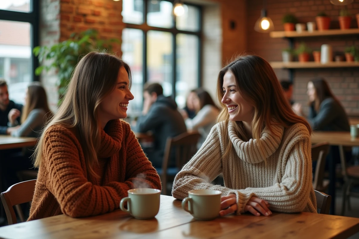 Deux femmes partageant un moment de convivialité dans un café chaleureux, symbolisant le bien-être social et les liens humains