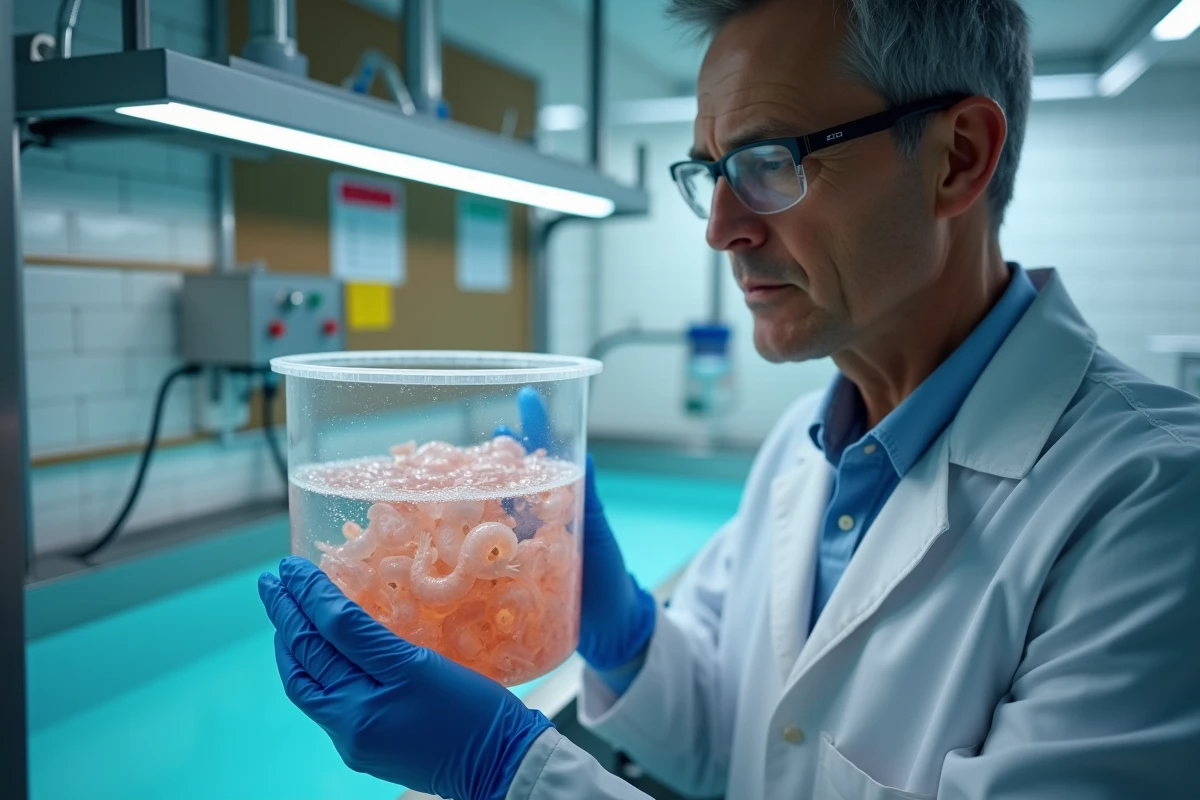 Biologiste analysant des larves de crevettes dans le laboratoire d'une ferme rose aquacole