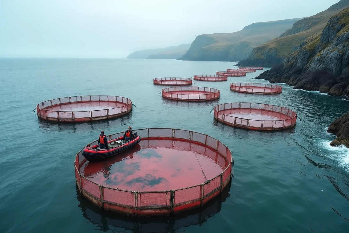 Vue large d'une ferme aquacole marine avec des cages d'élevage de saumons en mer ouverte