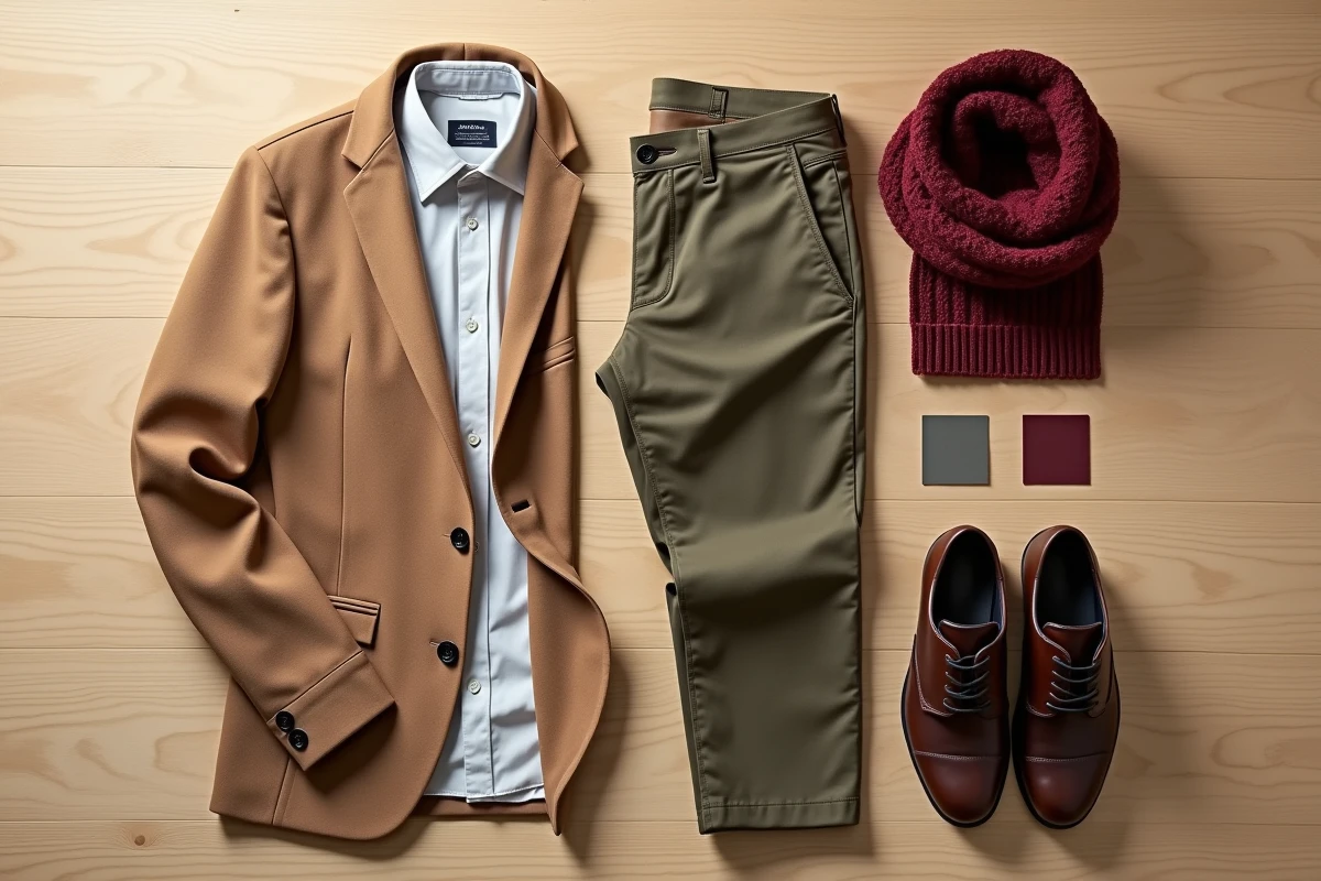 Flat-lay de vêtements coordonnés par couleurs avec swatches de teintes complémentaires