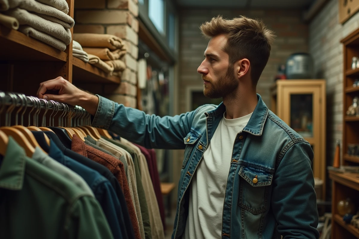 Vendeur organisant des vêtements de seconde main dans une friperie vintage authentique