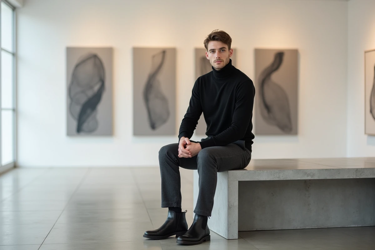 Jeune homme stylé en col roulé noir assis dans une galerie d'art moderne, style mode masculine contemporaine