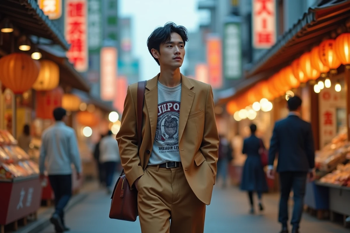 Jeune homme à la mode en blazer camel marchant dans une rue animée de Tokyo, style streetwear masculin international