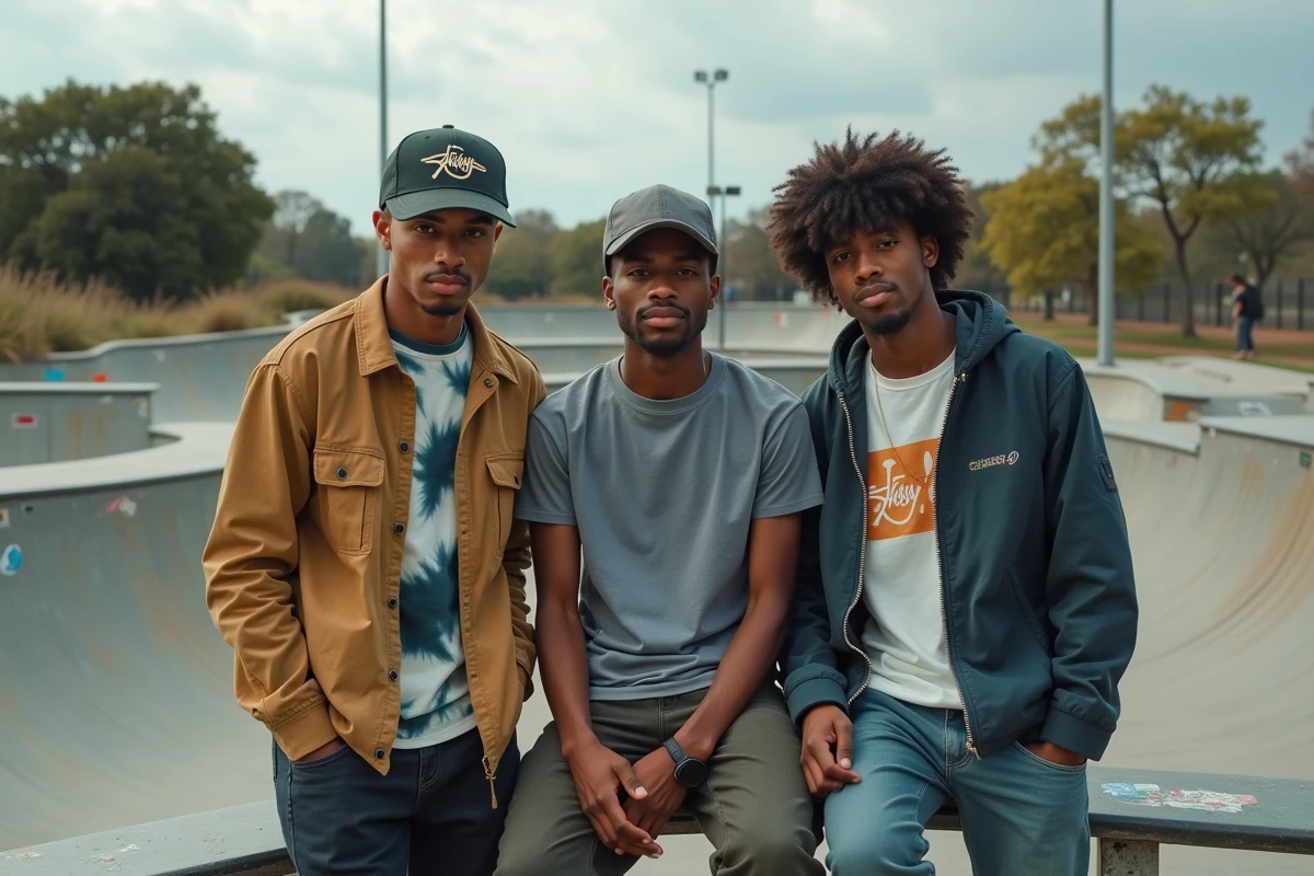 Groupe d'amis portant des vêtements Stussy dans un skatepark en béton évoquant la culture skate