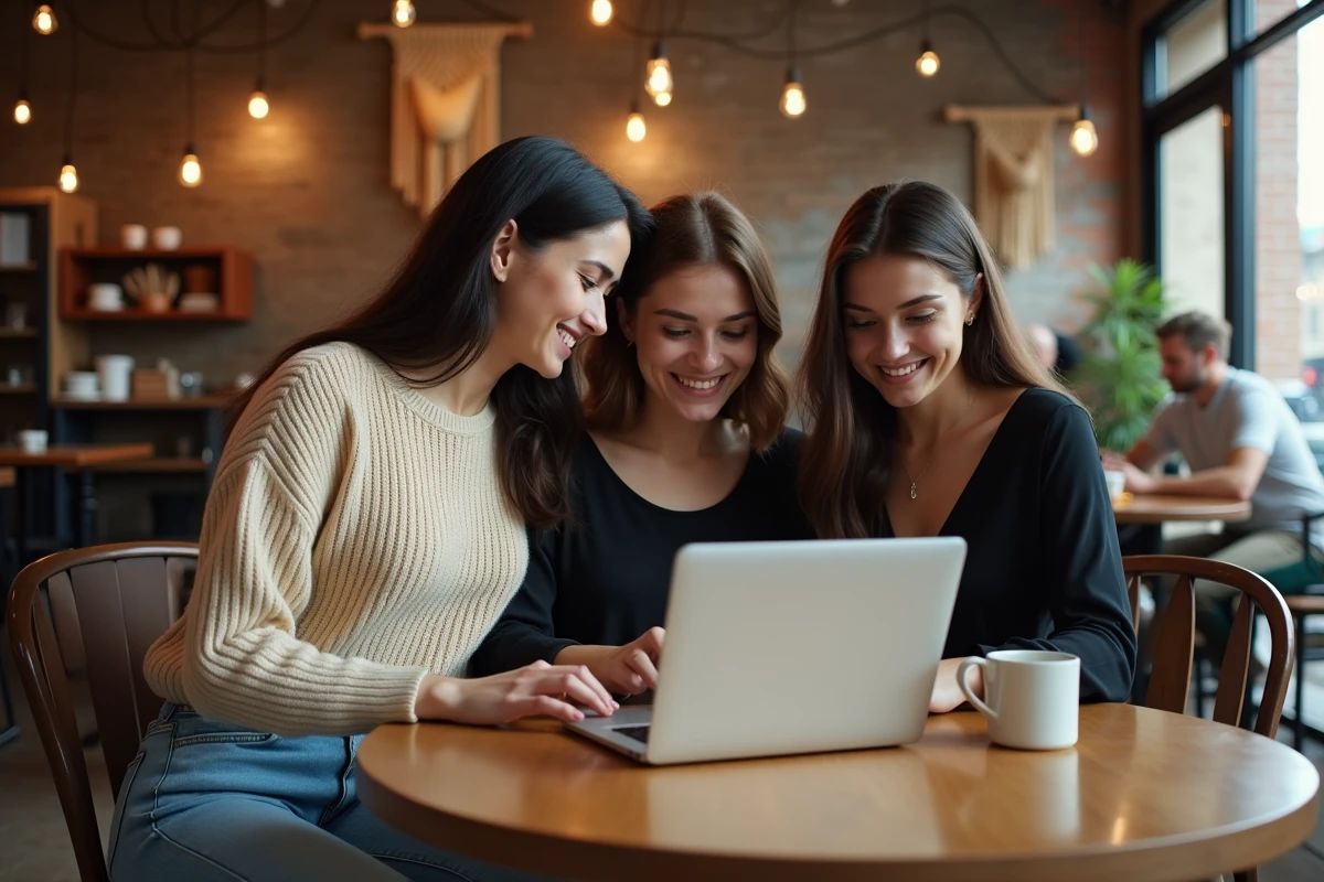 Trois jeunes femmes aux styles variés consultant ensemble des tendances mode sur un ordinateur portable dans un café