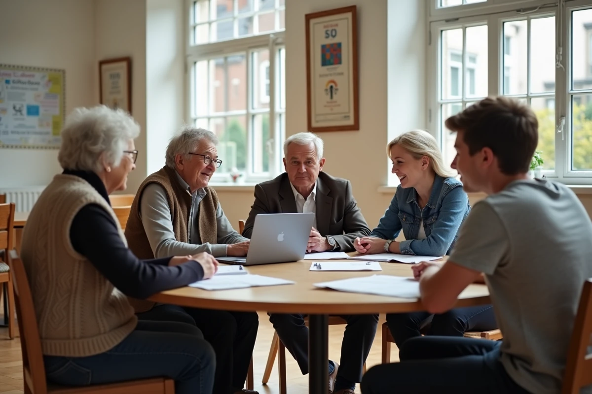 Quatre personnes de générations différentes échangent autour d'une table dans un centre communautaire, illustrant un projet intergénérationnel collectif