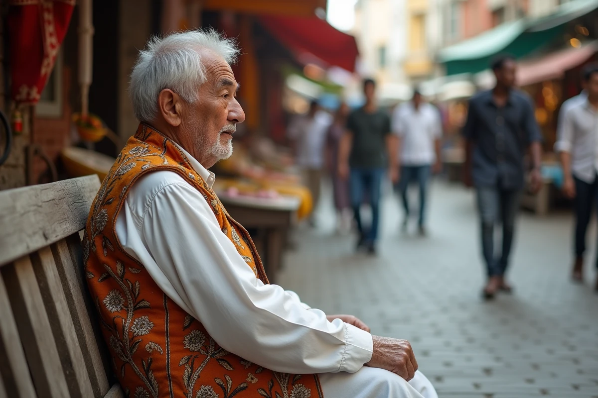 Homme âgé en tenue traditionnelle observant les tendances de la mode contemporaine dans un marché de rue, symbolisant le choc générationnel et culturel lié à la mode