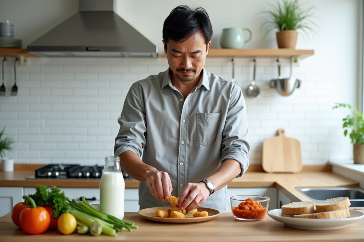 Homme préparant des aliments fermentés riches en probiotiques pour restaurer la flore intestinale dans une cuisine moderne