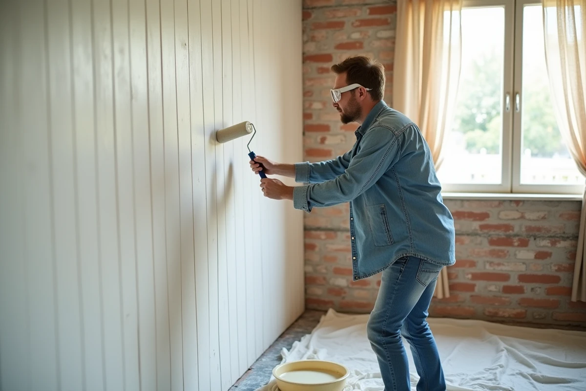 Homme appliquant une peinture écologique non toxique sur un mur intérieur lors de travaux de rénovation