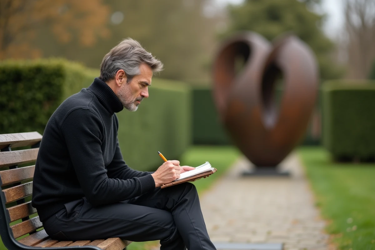 Homme dessinant dans un carnet face à une sculpture abstraite en acier dans un jardin d'art contemporain