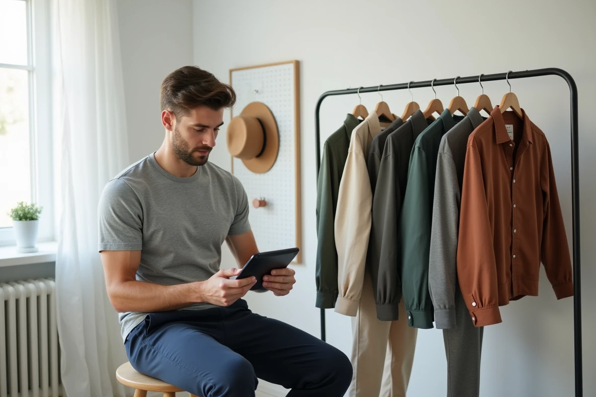 Homme consultant un nuancier de couleurs pour coordonner ses tenues sur un portant vêtements