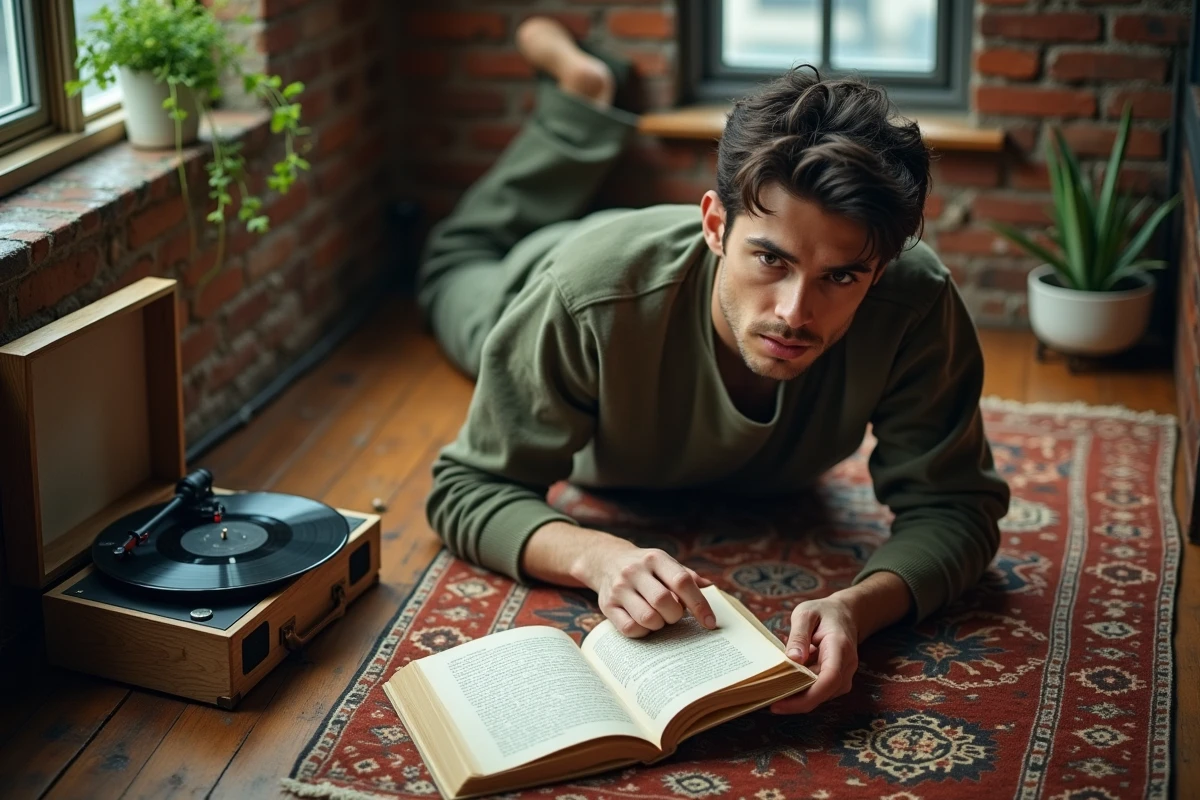 Homme détendu lisant entouré de livres dans un appartement chaleureux un jour de pluie, pour illustrer les activités réconfortantes contre la morosité