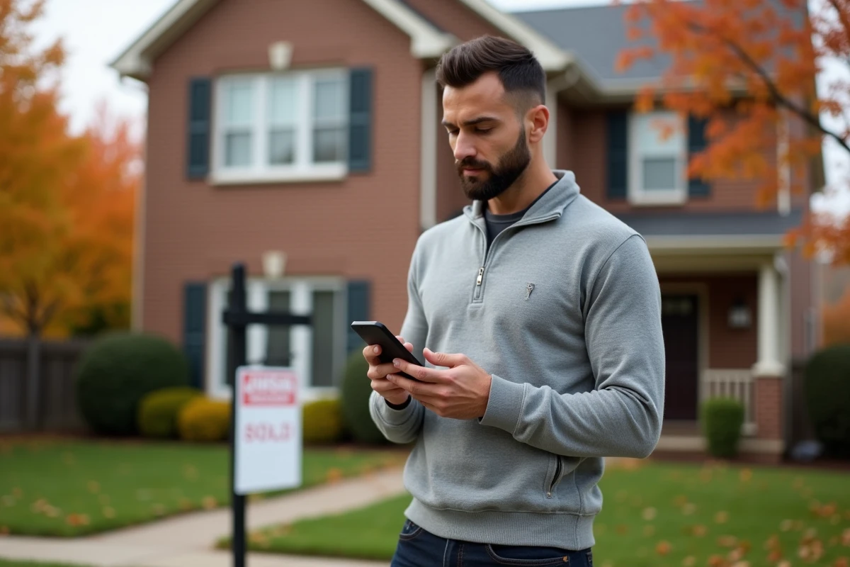 Homme devant une maison avec smartphone consultant les taux d'intérêt hypothécaires actuels lors d'un achat immobilier