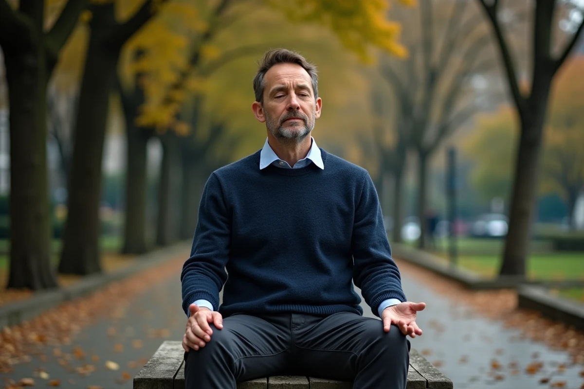 Homme en méditation de pleine conscience assis sur un banc dans un parc urbain en automne